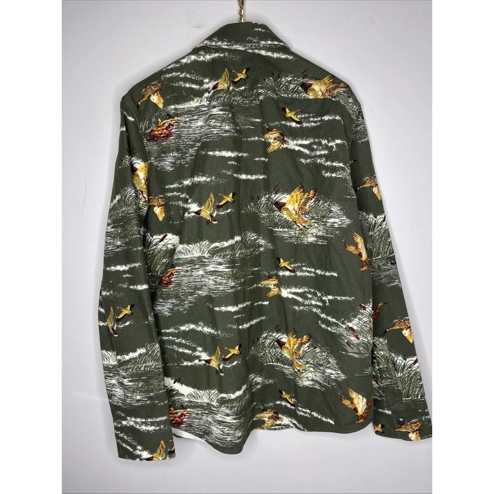 New LL Bean Slim Fit Green Duck Print Flannel Button Down Shirt Large L